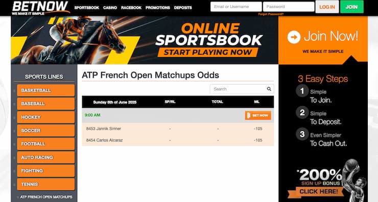 A snapshot of BetNow, one of our top rated tennis betting websites.